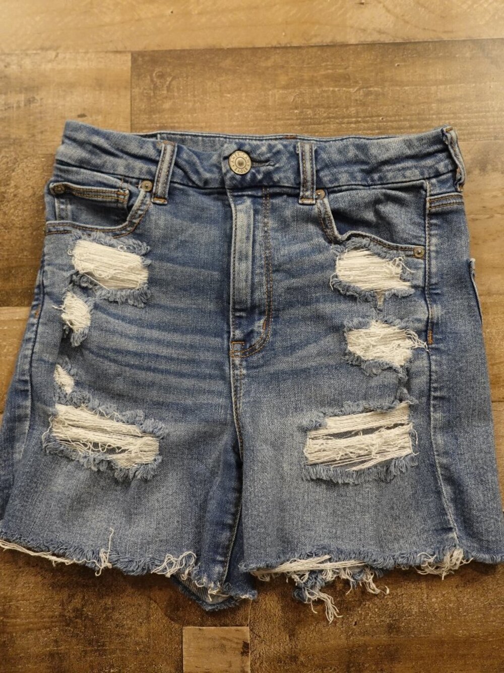 American Eagle Curvy Hi-Rise Shortie Shorts Women's Size 8 Distressed Denim